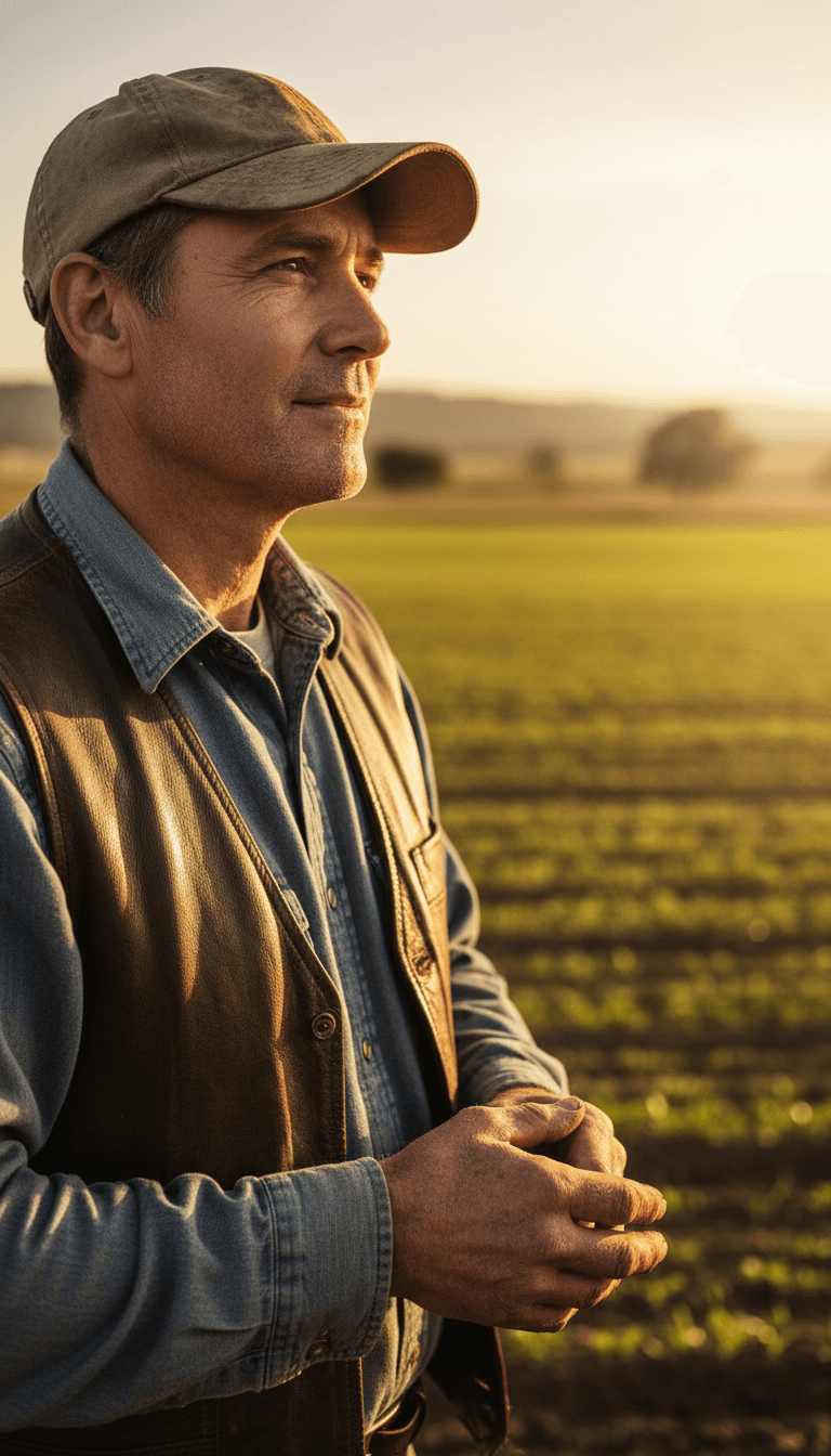 Portrait of rural farmer in work clothes standing in golden hour light with crop fields visible in soft-focus background
