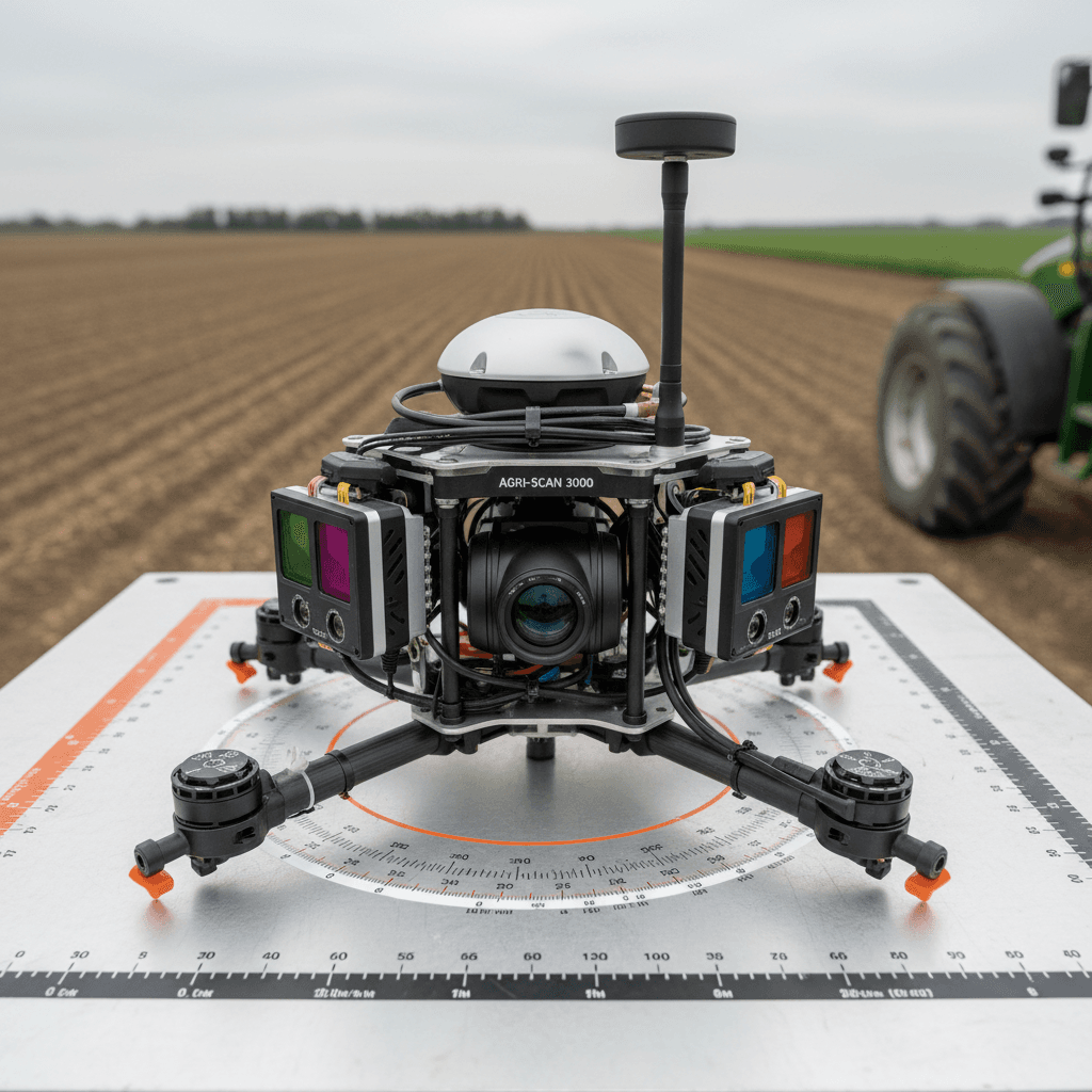 Close-up of agricultural drone sensors and thermal cameras with precision GPS and spray equipment mounted on calibration platform