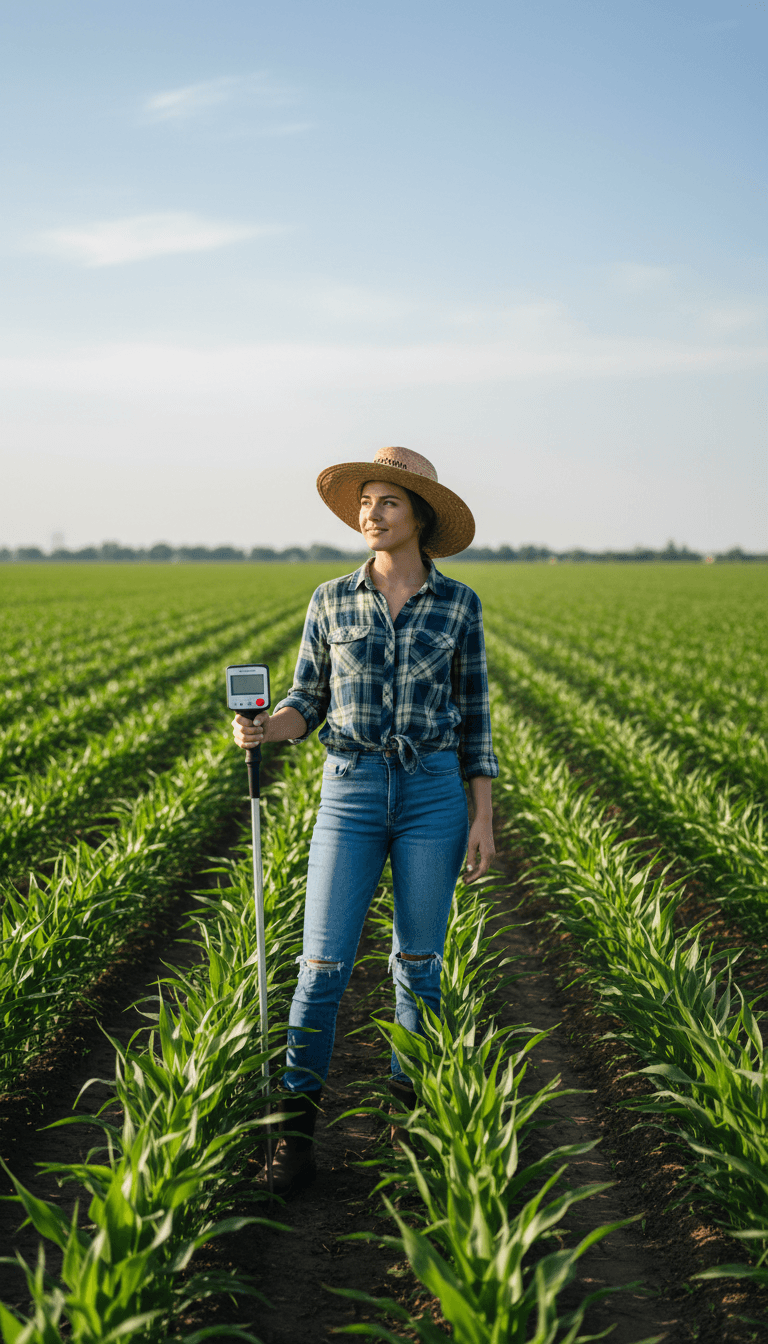 Female farmer standing confidently in green crop field holding soil testing equipment