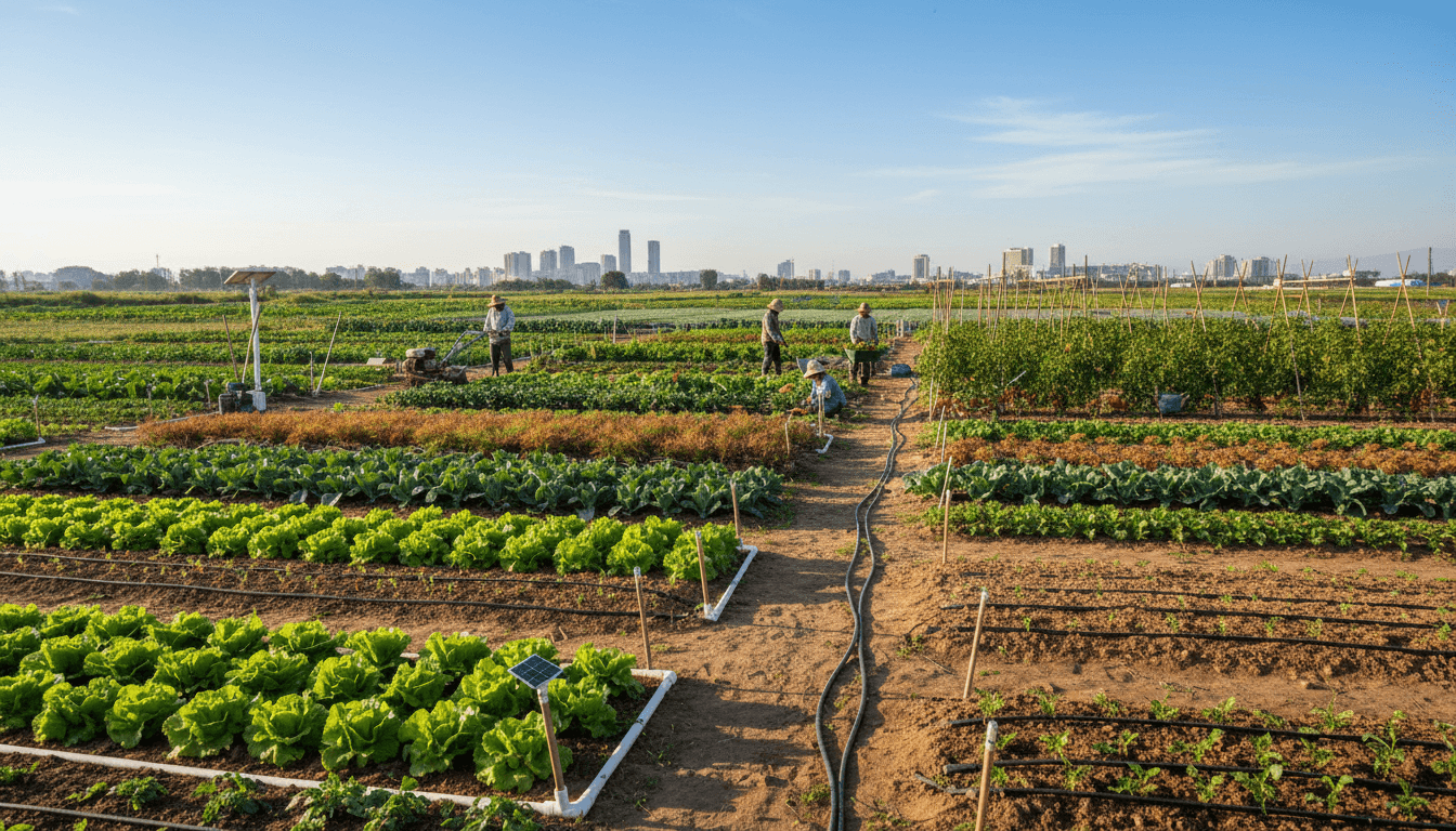 Wide farm landscape showing diverse vegetable rows with multiple workers cultivating crops under clear morning light