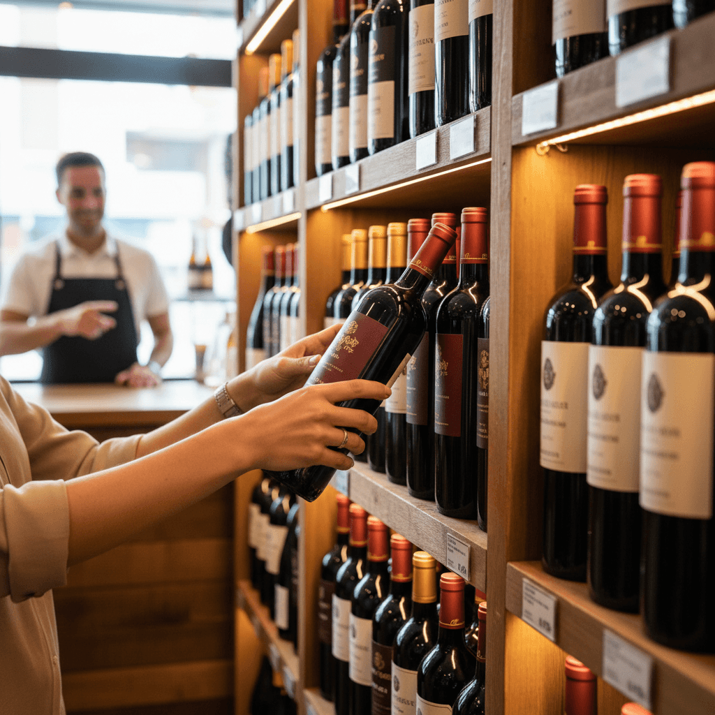 Customer's hands selecting a wine bottle from organized shelf display in warm-lit neighborhood store