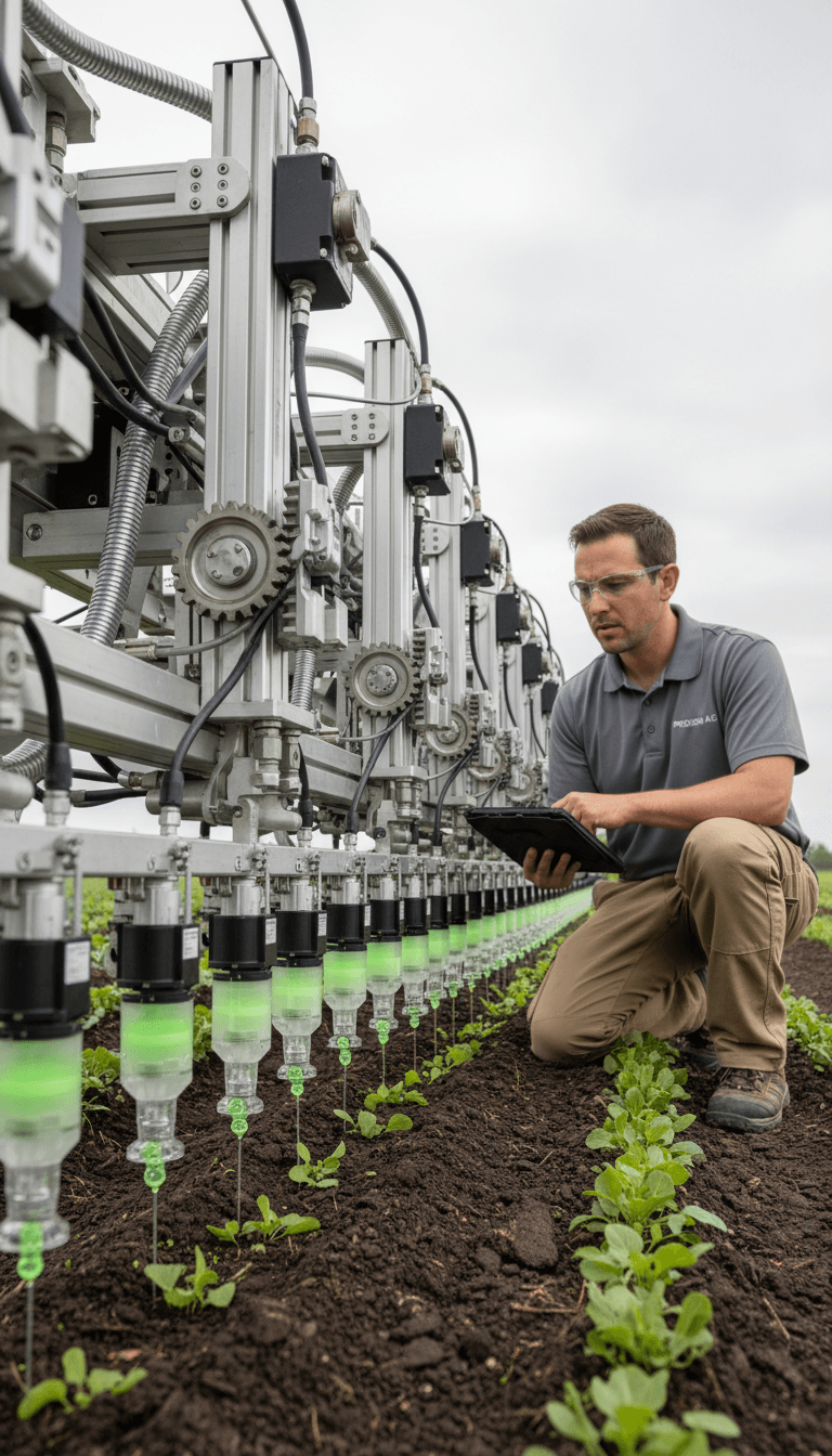 Professional operator monitoring precision fertilizer application equipment delivering nutrients to individual plants