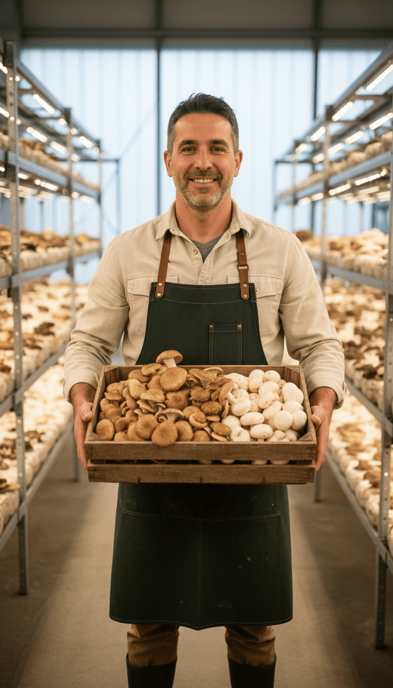 Mushroom farmer standing confidently in cultivation facility holding crate of freshly harvested mushrooms