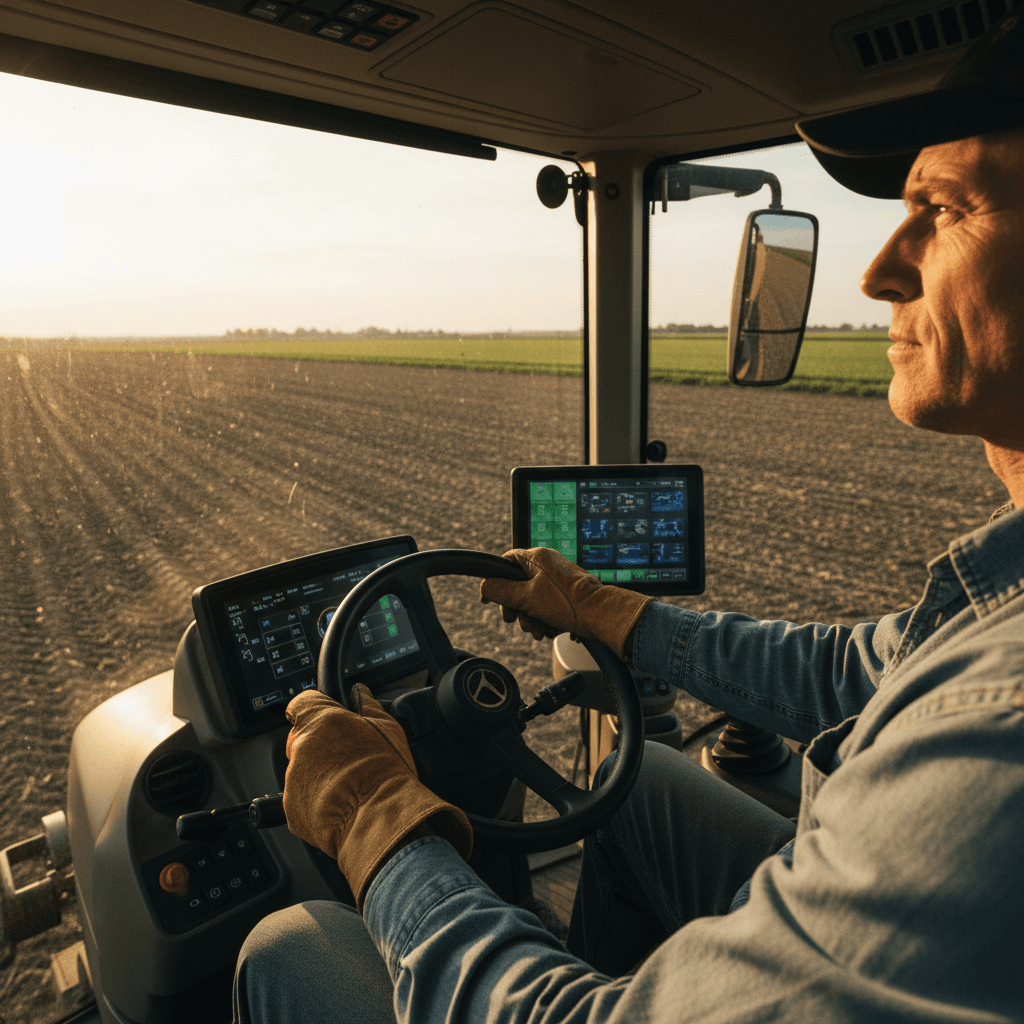 Farmer's hands on tractor steering wheel with digital dashboard visible, golden hour sunlight through cabin window