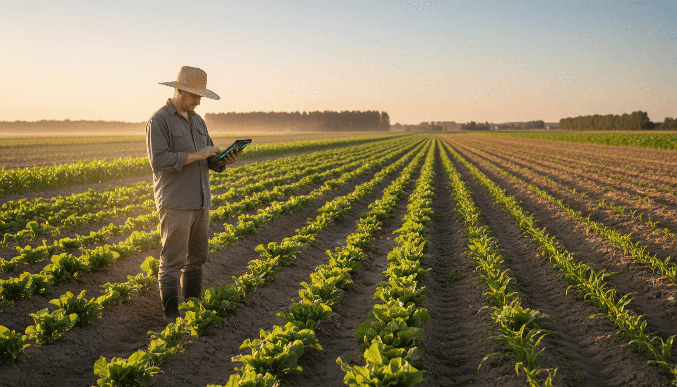 Small-scale farmer in expansive crop field during golden hour, reviewing field data on digital tablet