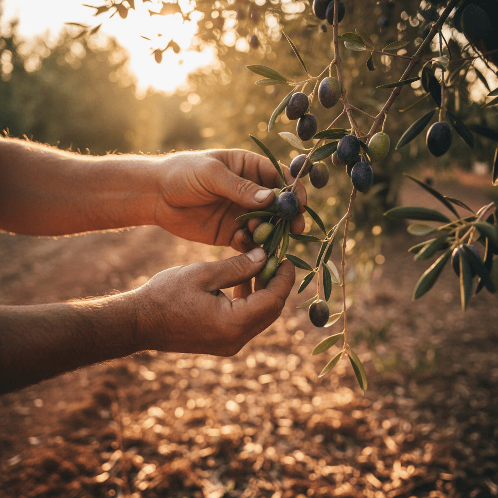 Weathered farmer hands carefully harvesting ripe olives from tree branches in sunlit grove during golden harvest hour