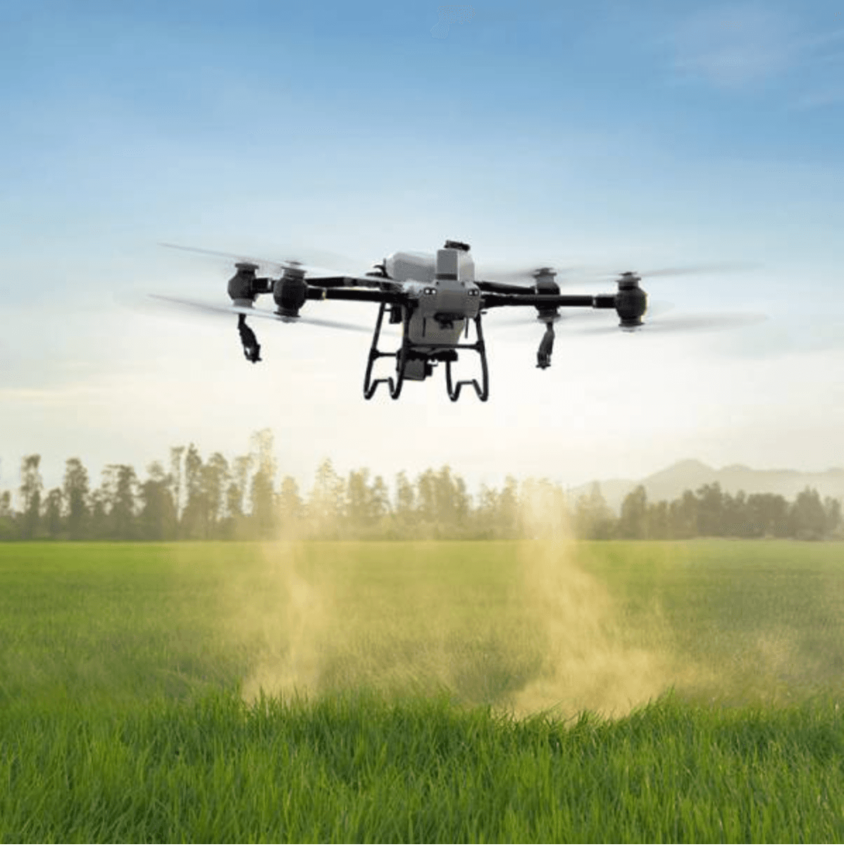 Dron agrícola sobrevolando un campo verde mientras rocía fertilizante bajo un cielo despejado.